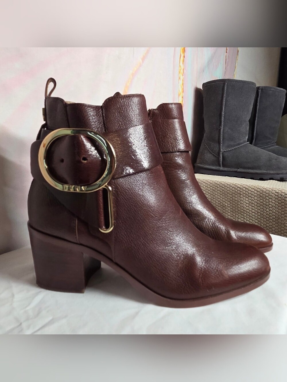 DKNY | Telo Cognac Brown Leather Ankle Boots W. Gold Buckle | Size 7.5 |